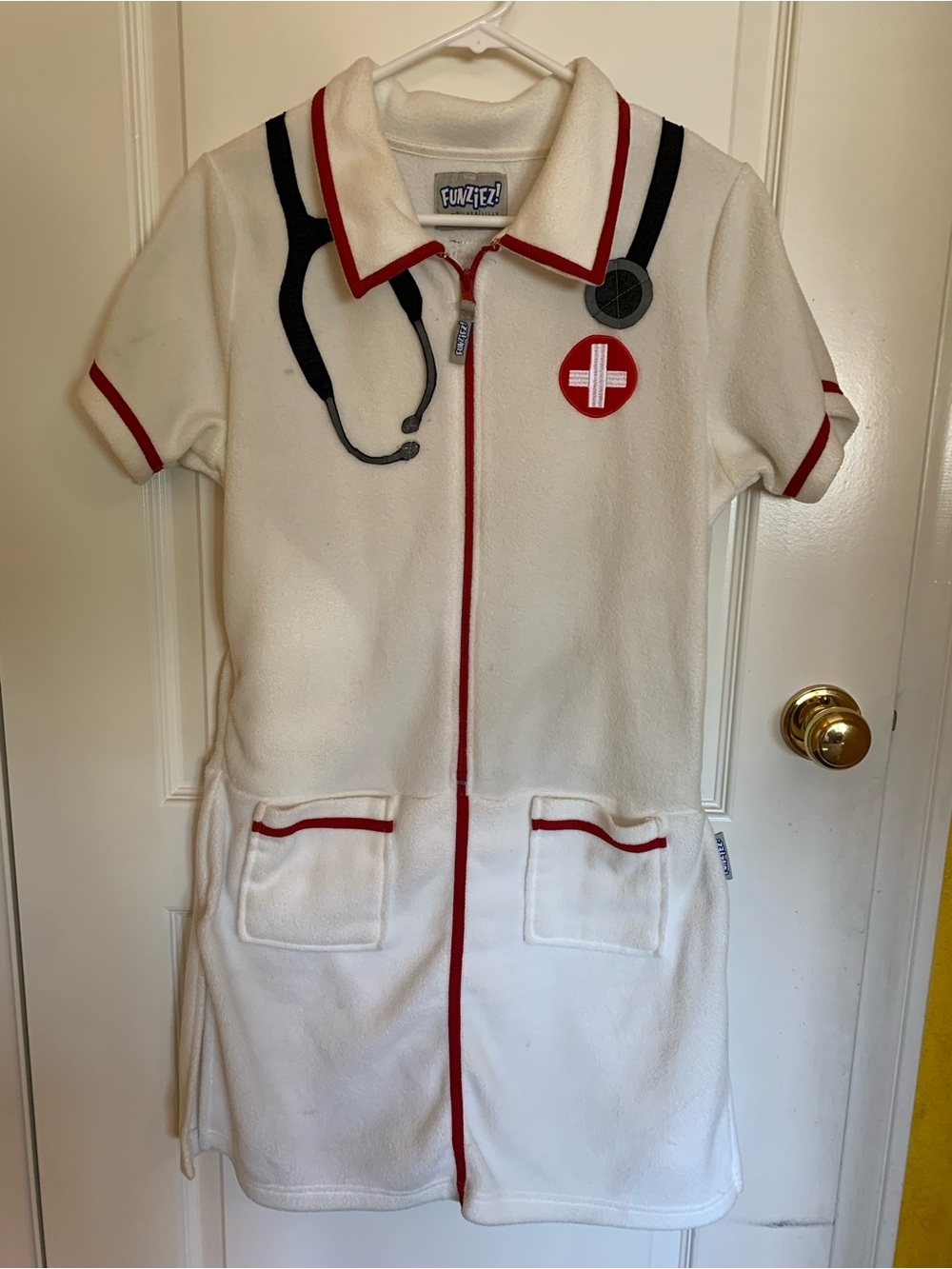 FunZee Kids' Large Or Small Adult White Nurse One-Piece Romper with Red Trim